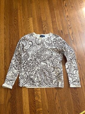 Paisley Print Long Sleeve Knit Tee - Brown on Cream